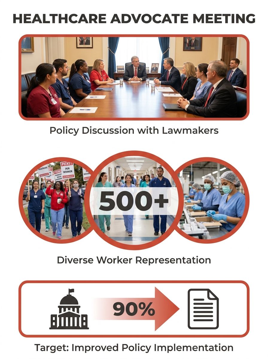 Healthcare workers meeting with lawmakers in legislative office