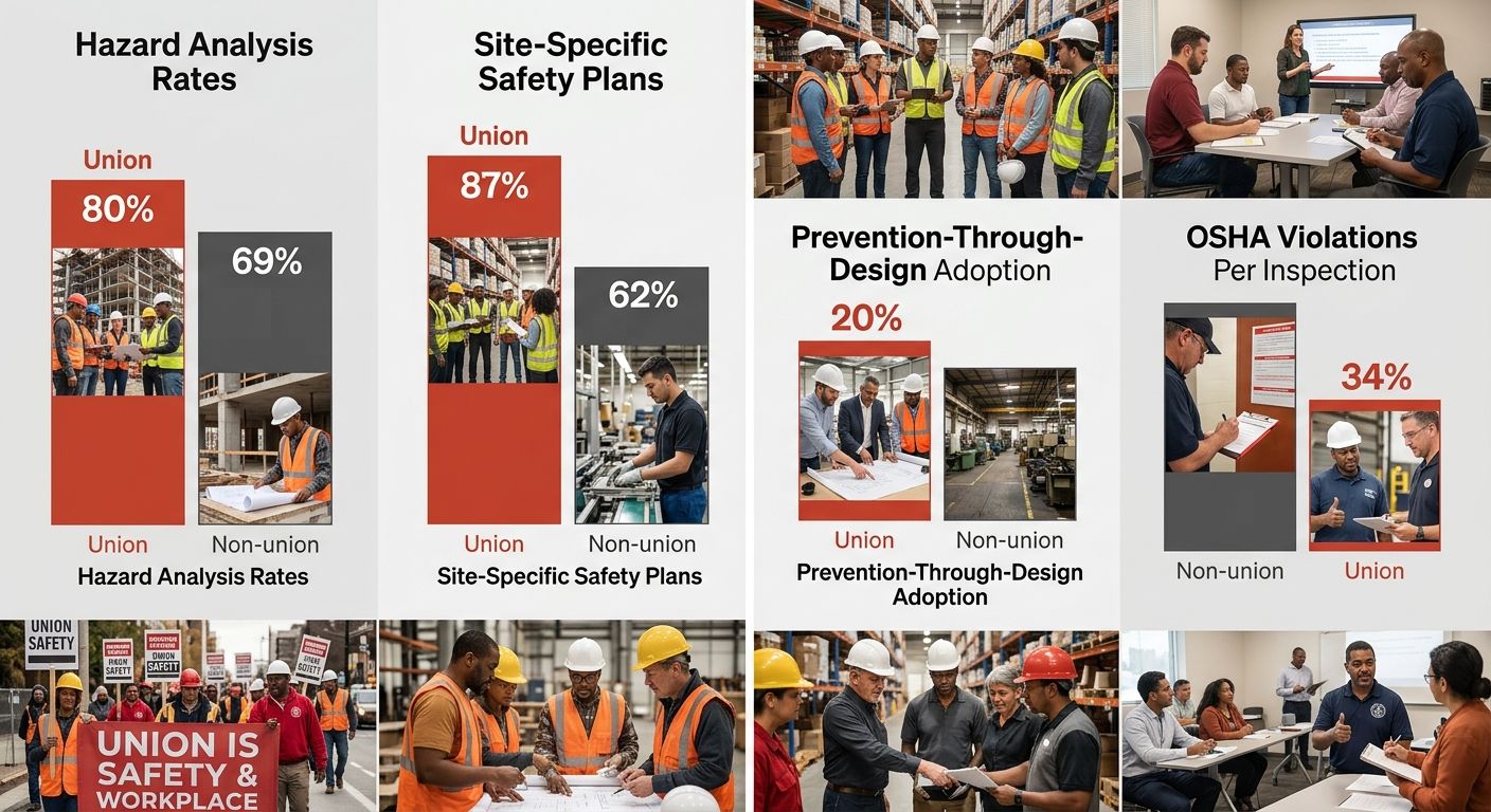 An infographic comparing union vs. non-union workplace safety metrics—showing bars for hazard analysis rates (80% vs 69%), site-specific safety plans (87% vs 62%), prevention-through-design adoption (