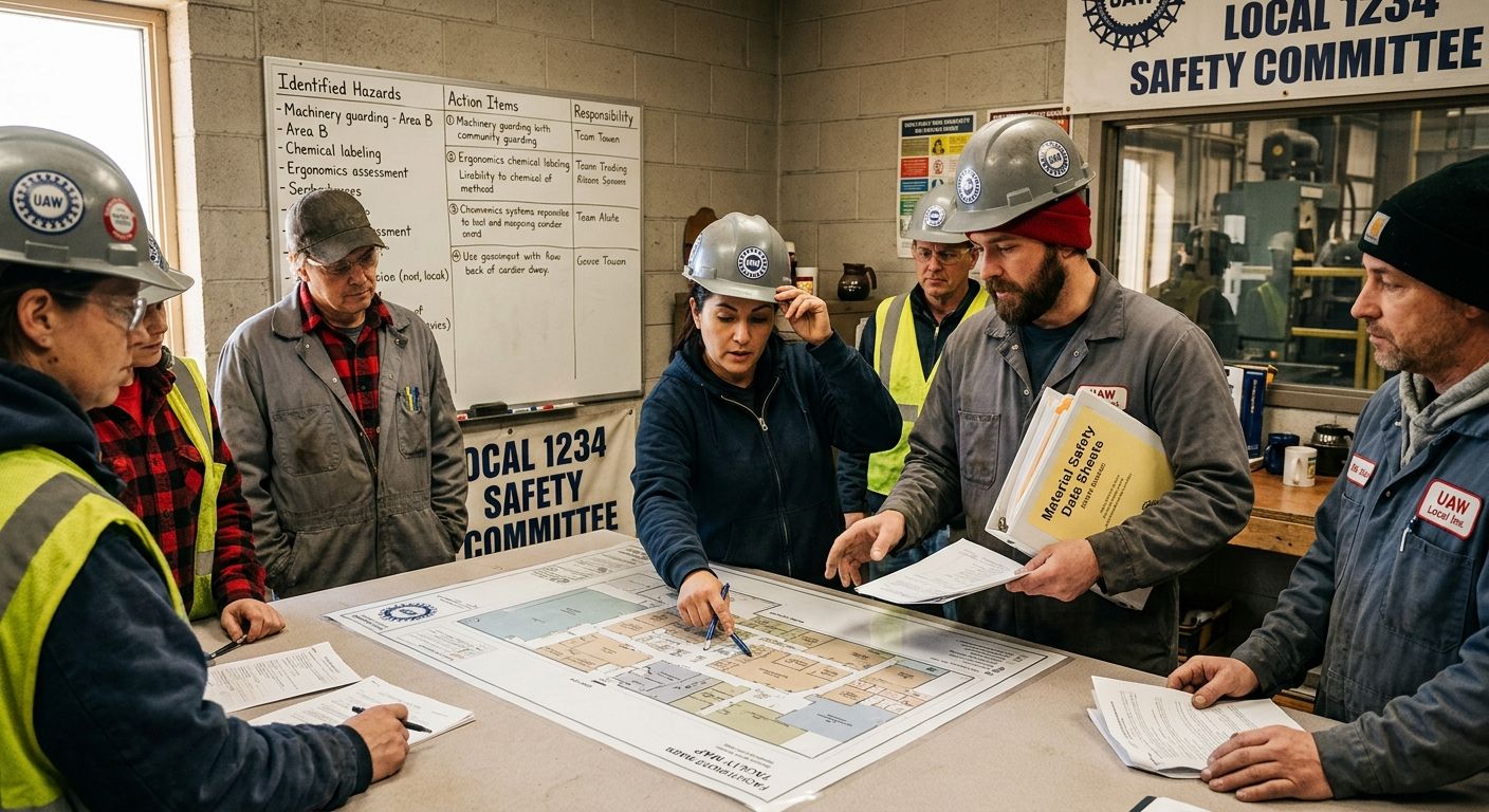 A union safety committee meeting in a manufacturing facility, with workers in hard hats reviewing safety data sheets and pointing at a facility map, with a whiteboard listing identified hazards and ac