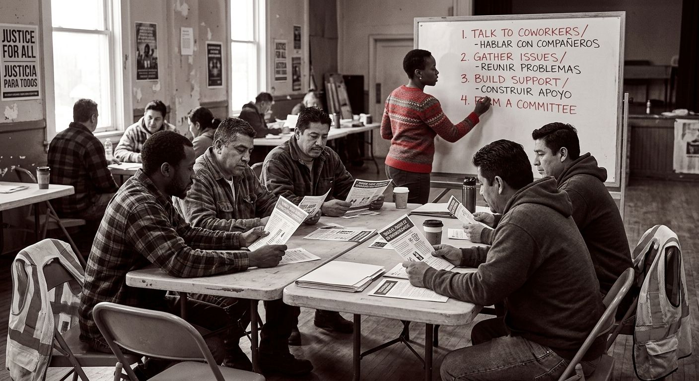 A diverse group of workers seated around folding tables in a community center, reviewing printed know-your-rights materials in multiple languages, with a facilitator standing at a whiteboard listing o