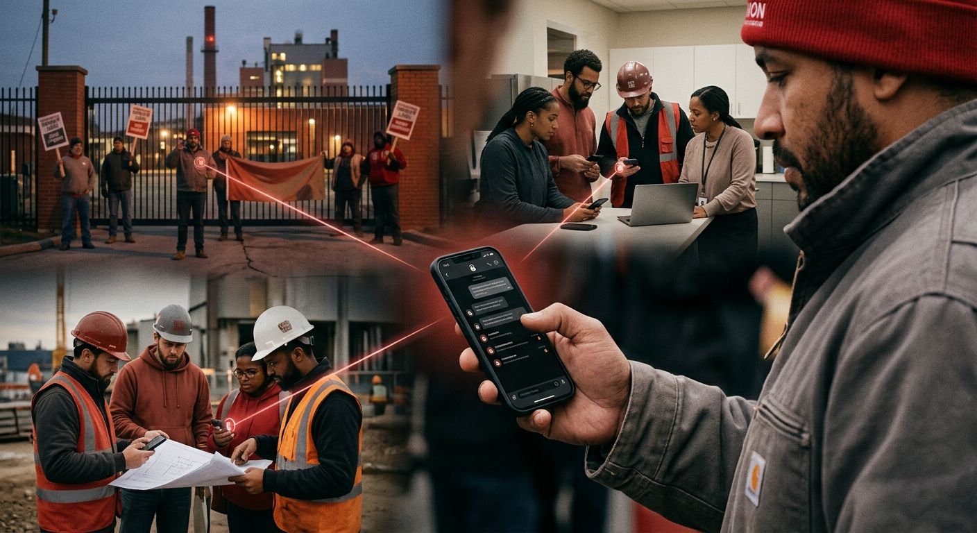 A conceptual illustration showing encrypted messaging app interfaces connected by secure lines between silhouettes of workers at different job sites, representing digital campaign secrecy protocols in