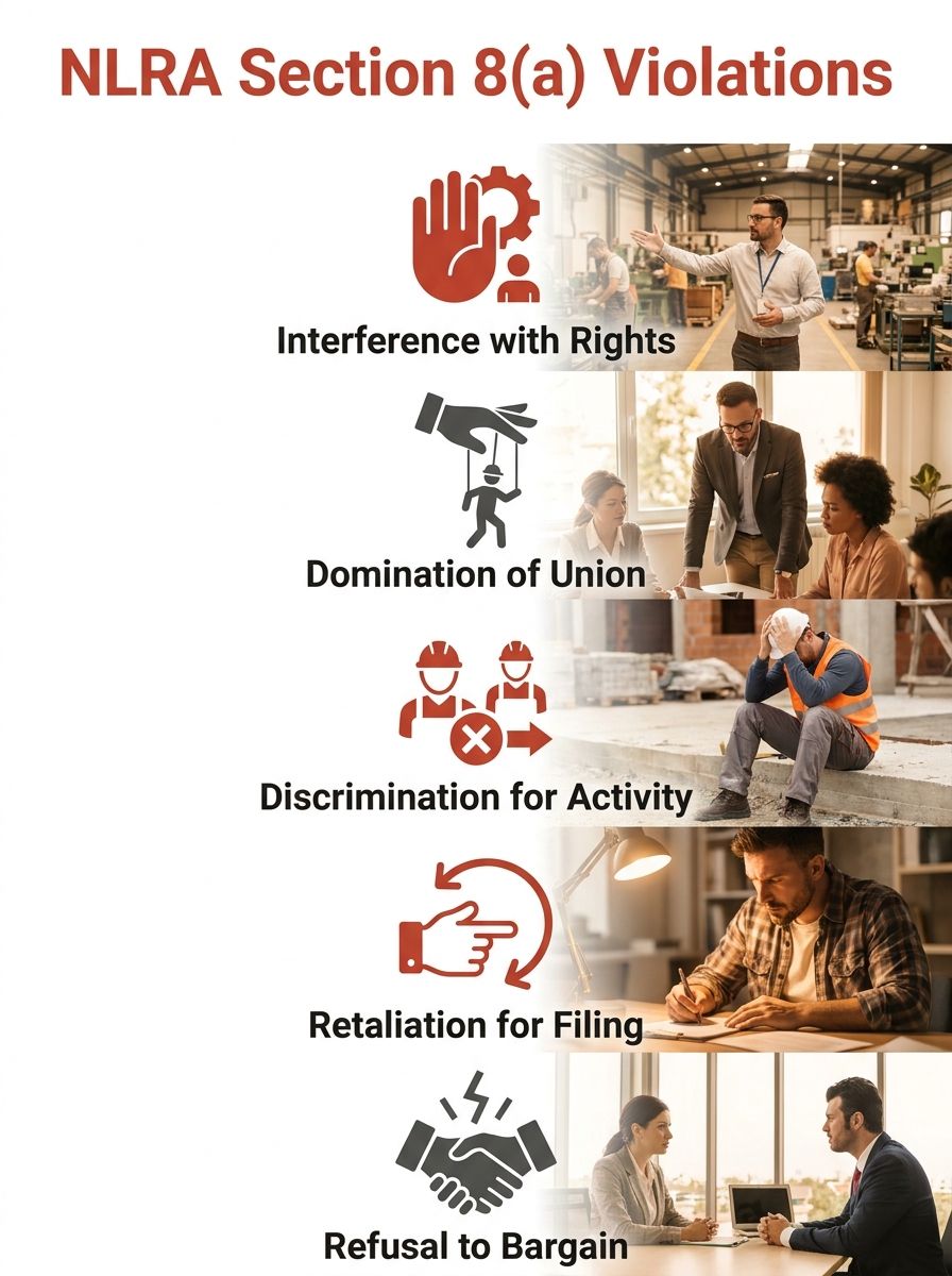 Infographic showing the five categories of Section 8(a) violations under the NLRA, with icons and brief descriptions for each: interference (8a1), domination (8a2), discrimination (8a3), retaliation f