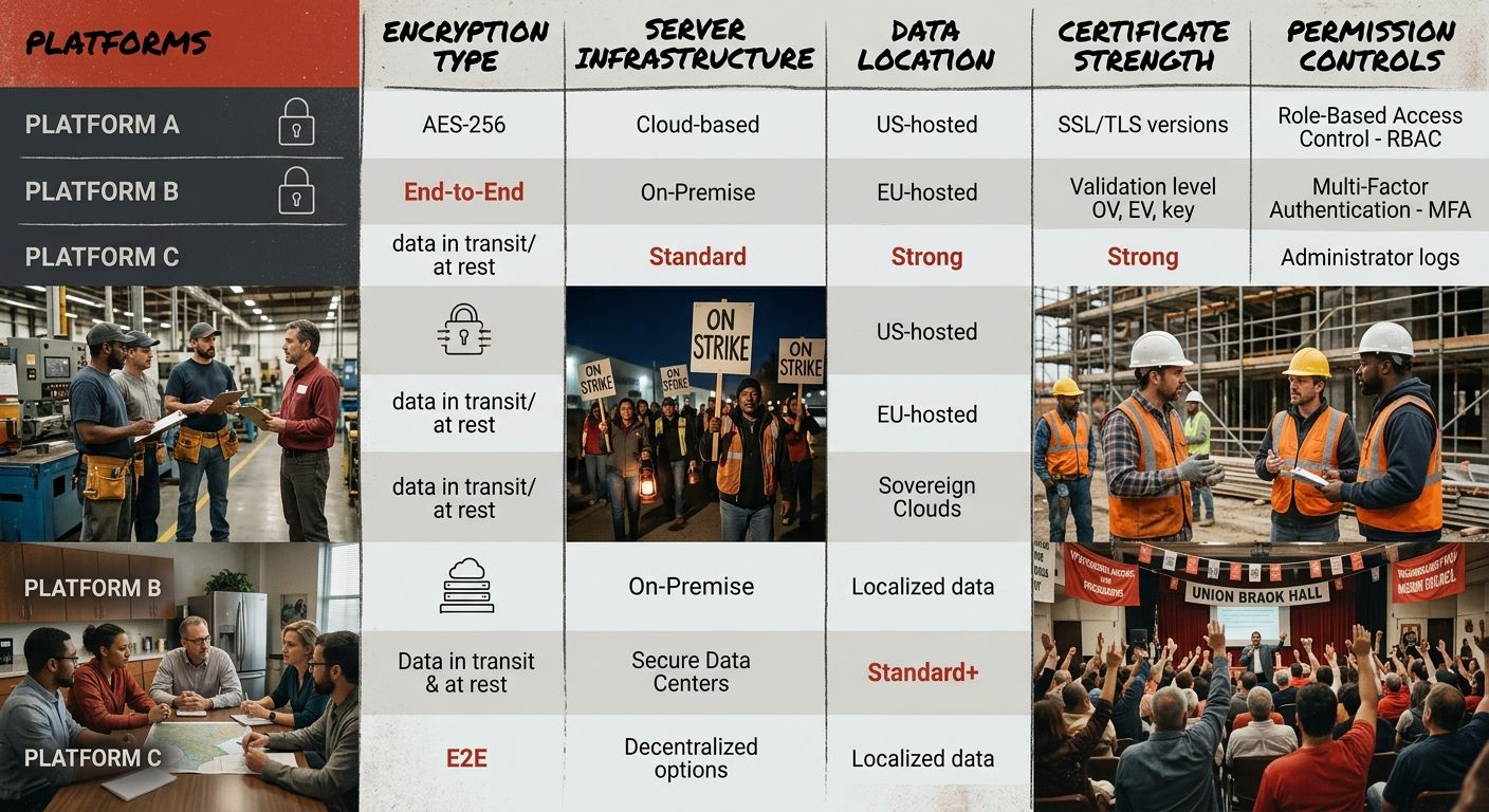A comparison chart showing essential security features for union organizing platforms, with columns for encryption type, server infrastructure, data location, certificate strength, and permission cont