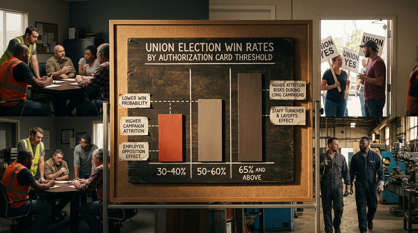 A bar chart comparing union election win rates at different authorization card thresholds, showing low win rates at 30-40%, moderate rates at 50-60%, and high win rates at 65% and above, with annotati