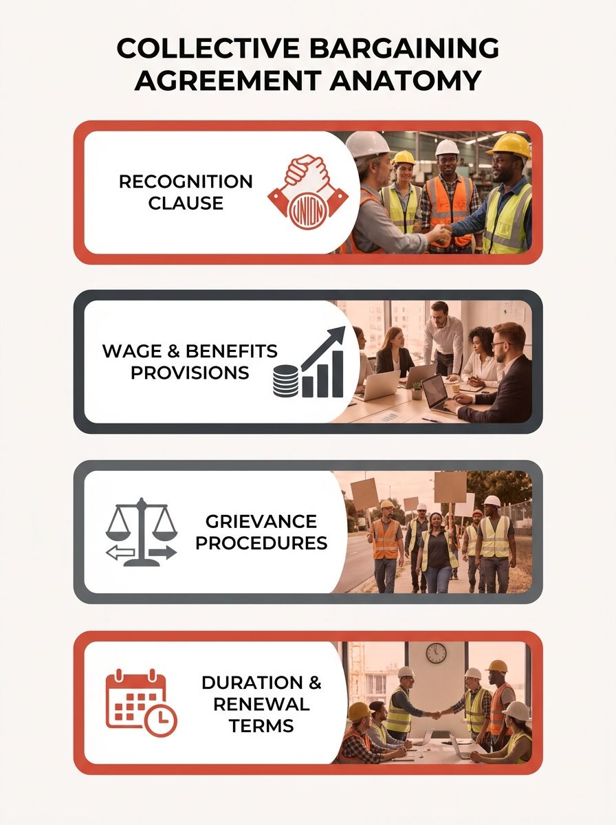 An infographic showing the anatomy of a collective bargaining agreement, with labeled sections including recognition clause, wage provisions, grievance procedures, management rights, side letters, and