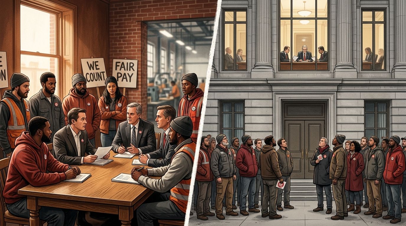 A split illustration showing two contrasting scenes — on one side, gig workers gathered around a negotiating table with union representatives and company officials; on the other side, workers standing