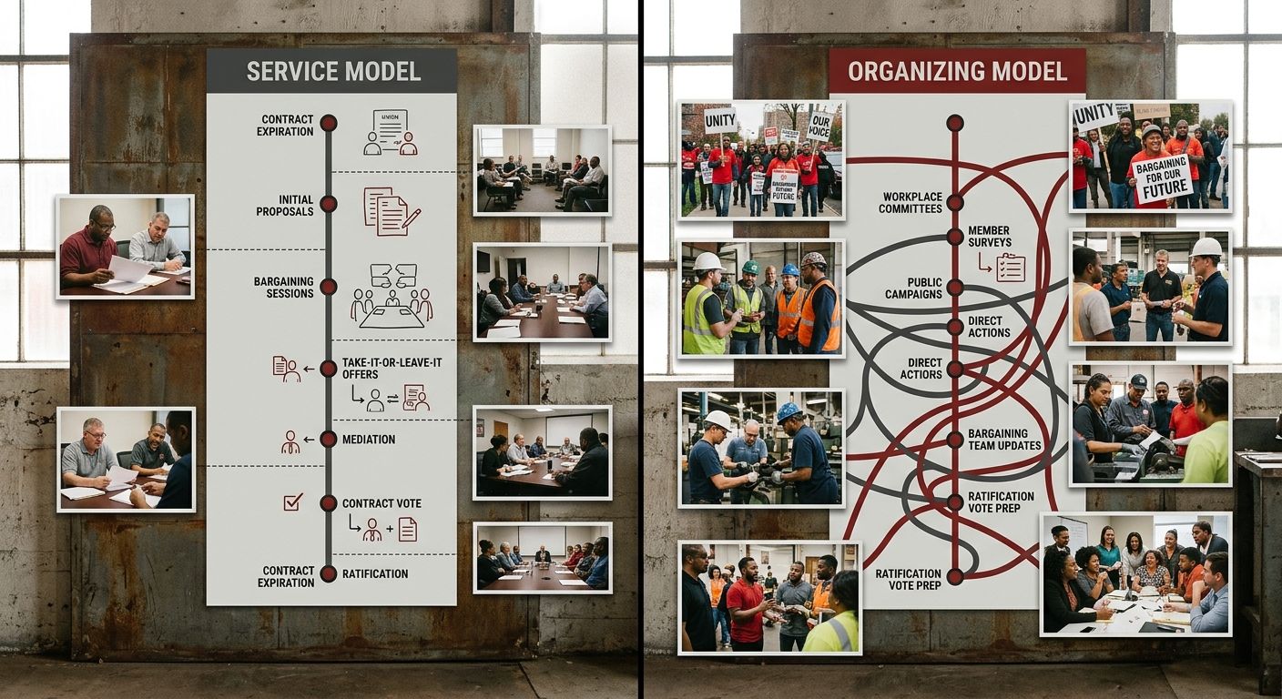 A diagram showing two parallel paths of a union contract negotiation timeline, one labeled "service model" showing few touchpoints with members, and one labeled "organizing model" showing continuous m