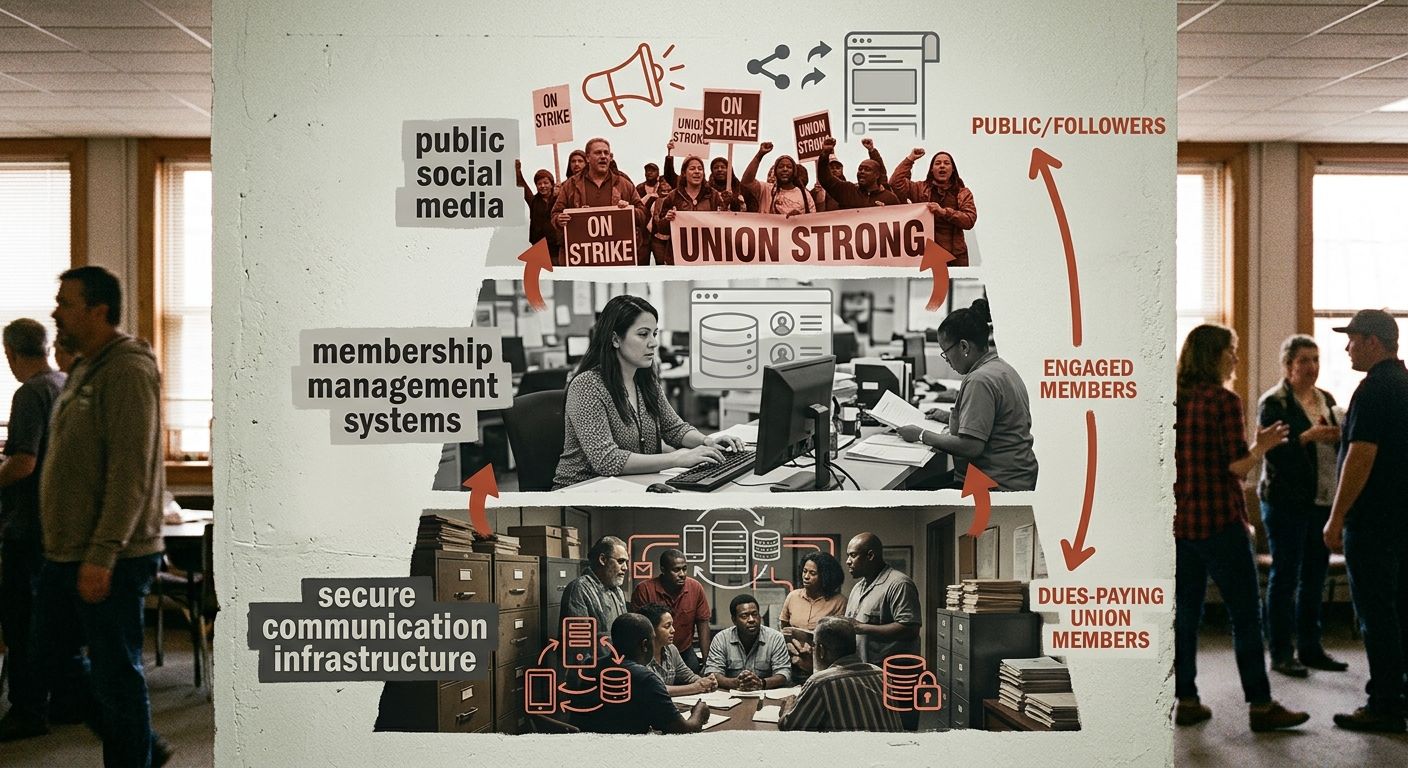 A layered diagram showing a union tech stack with three tiers - secure communication infrastructure at the base, membership management systems in the middle, and public social media at the top, with a