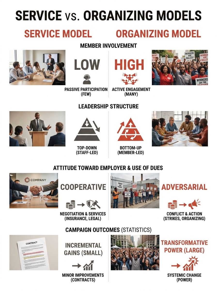 An infographic comparing key characteristics of the service model and organizing model side by side, showing differences in member involvement, leadership structure, attitude toward employer, use of d