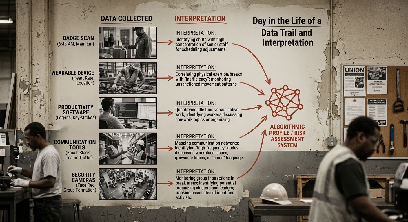 A diagram showing a worker's daily data trail at a modern workplace, with data points collected from badge scans, wearable devices, productivity software, communication tools, and security cameras all