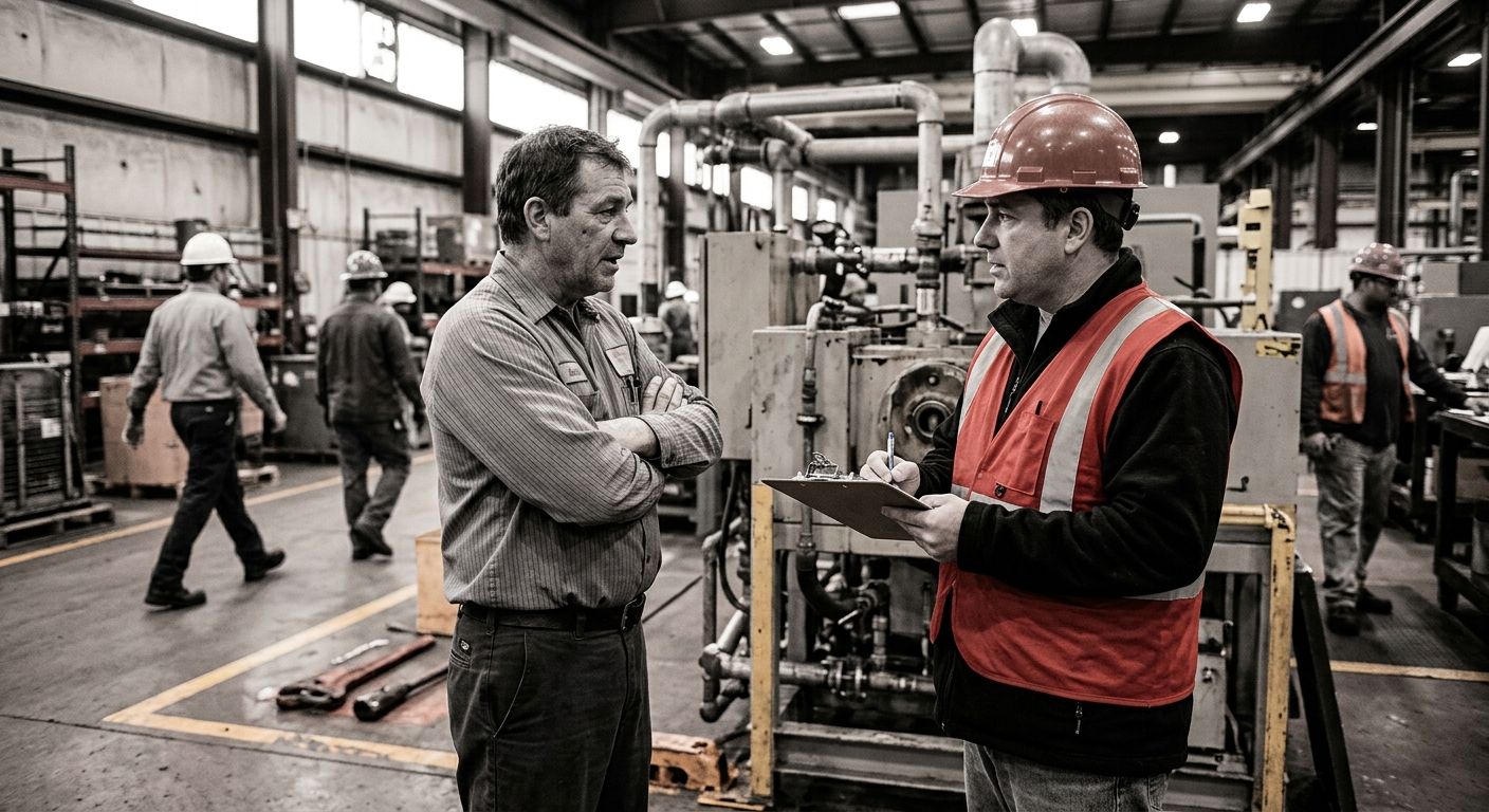 A worker standing near industrial equipment speaking with a union safety steward who is documenting conditions on a clipboard, with other workers visible in the background in a factory or warehouse se