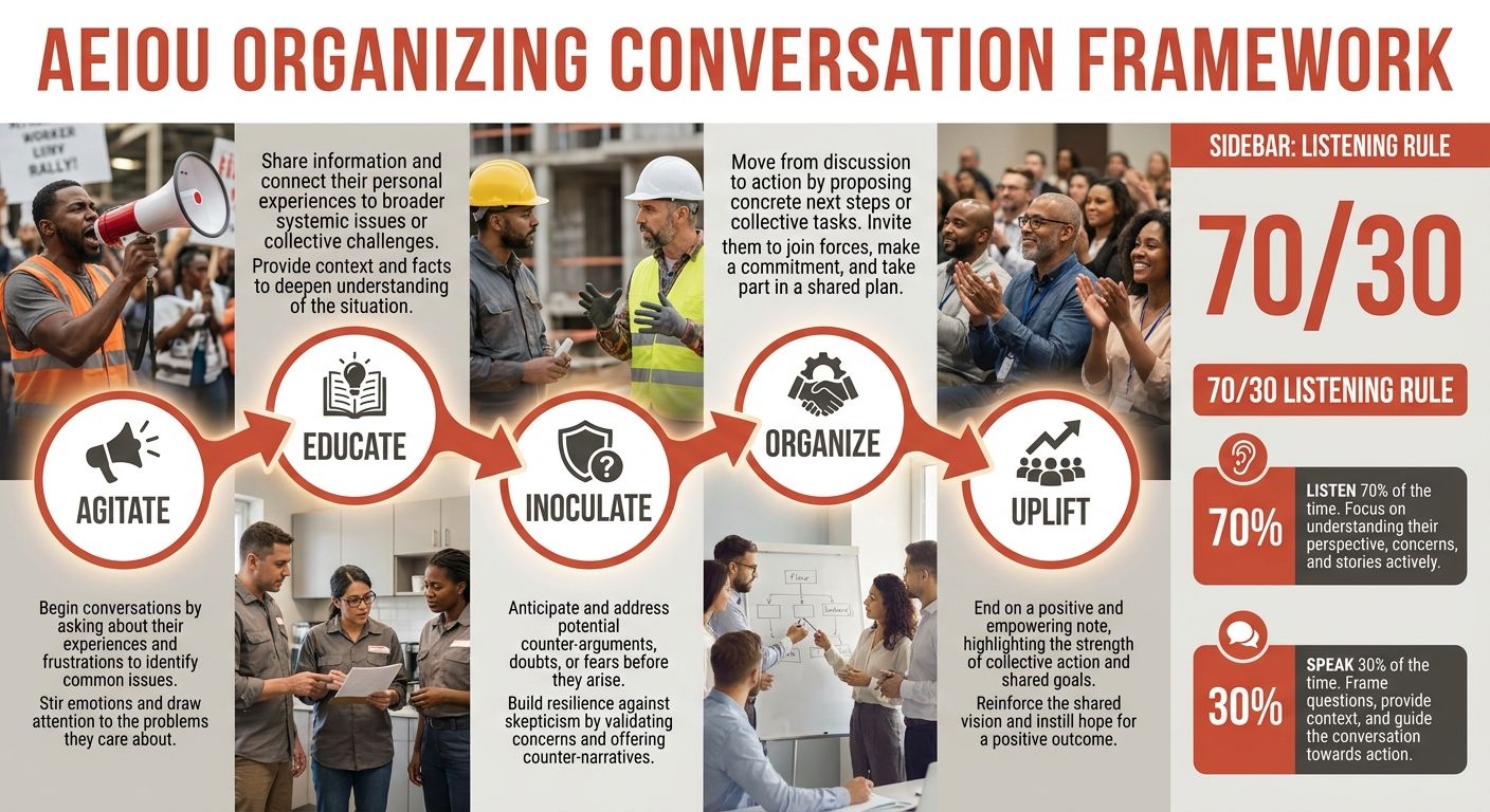 An infographic showing the AEIOU organizing conversation framework with five stages arranged in a horizontal flow - Agitate, Educate, Inoculate, Organize, Uplift - each with a two-sentence description
