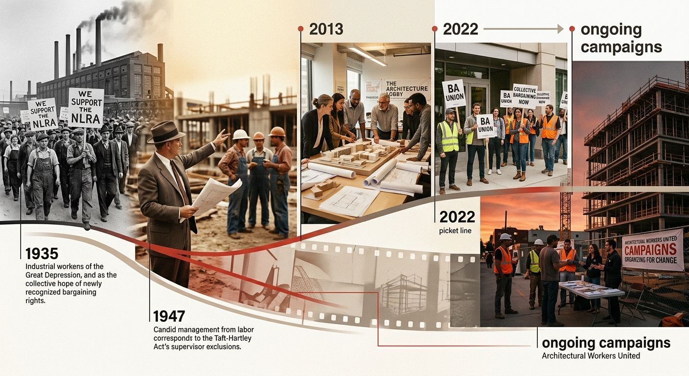 A timeline illustration showing key dates in professional worker labor law — the 1935 NLRA, the 1947 Taft-Hartley Act's supervisor exclusions, the formation of the Architecture Lobby in 2013, BA Union