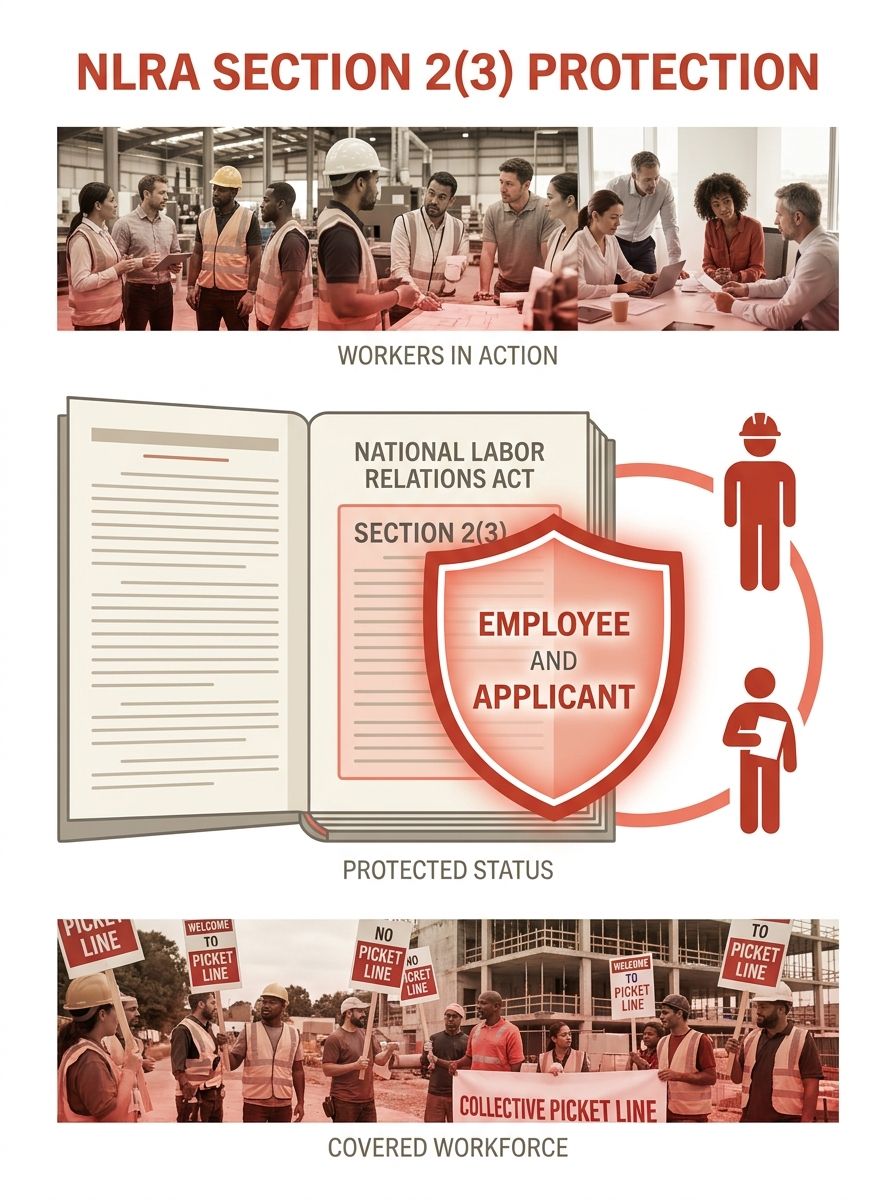 illustration of the National Labor Relations Act document with Section 2(3) highlighted, showing the words employee and applicant with a protective shield symbol around them