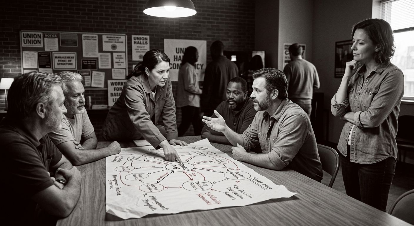 Illustration of workers gathered around a table with a workplace power map drawn on paper, pointing and discussing, with a facilitator standing to the side listening rather than lecturing