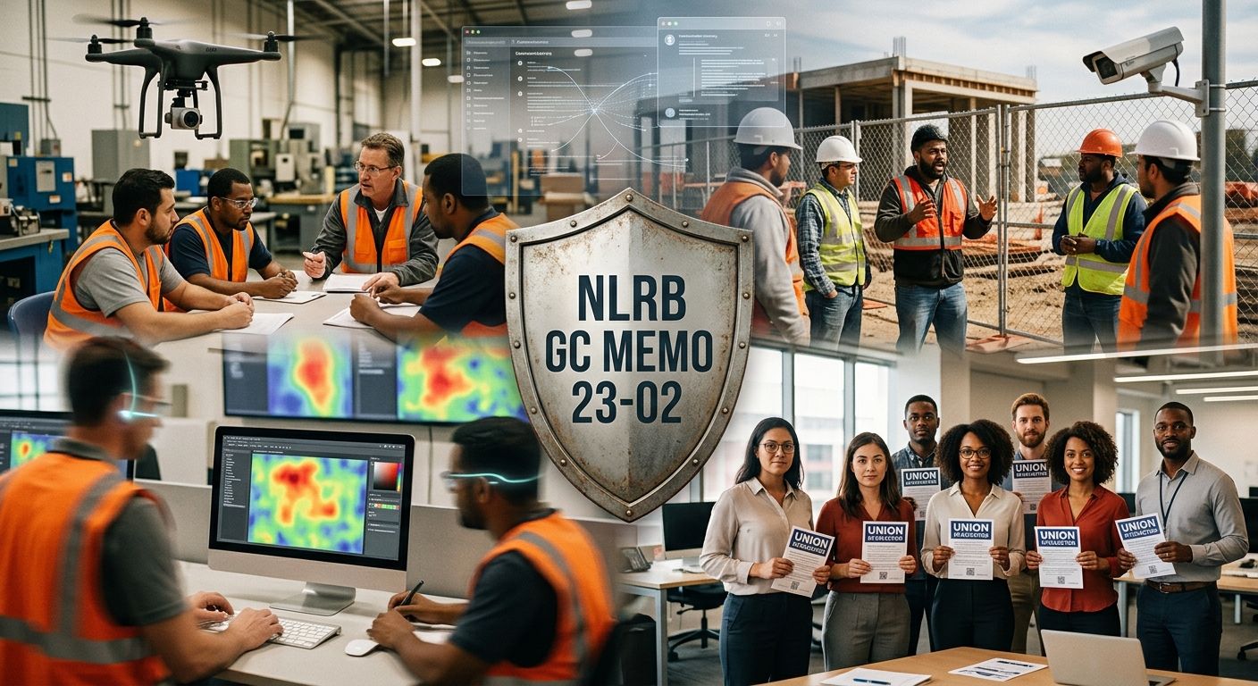 A visual representation of Section 7 rights under the NLRA, showing protected worker activities (organizing discussions, collective bargaining, mutual aid) surrounded by overlapping surveillance techn