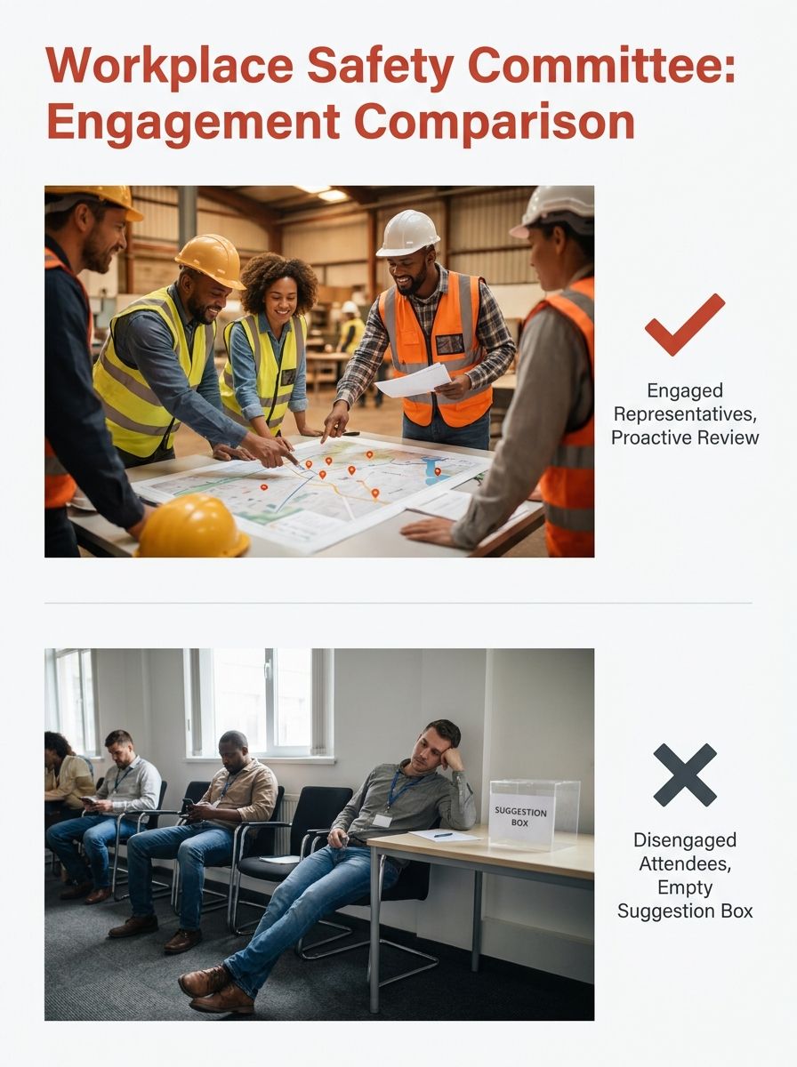 An illustrated comparison showing two workplace safety committee meetings side by side—one with engaged worker representatives reviewing documents and pointing at hazard maps, the other with disengage