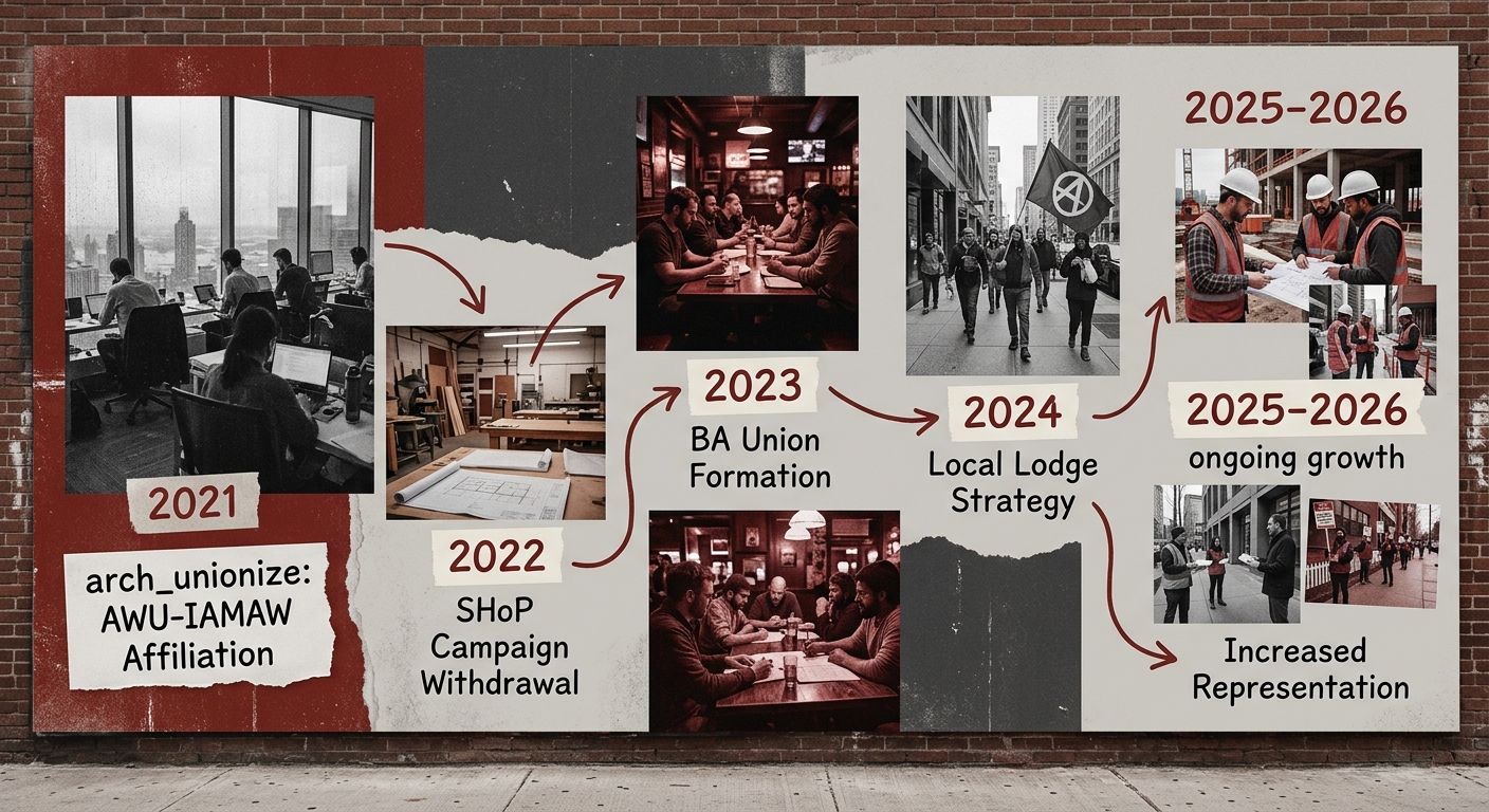 An infographic showing the chronological timeline of architecture unionization from 2021 to 2026, with key milestones including the AWU-IAMAW affiliation, SHoP campaign withdrawal, BA Union formation,