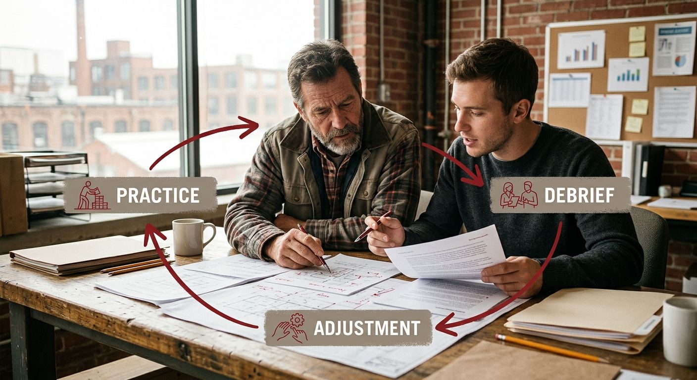 A diagram showing two workers sitting together reviewing printed materials, with arrows indicating a feedback loop between practice, debrief, and adjustment stages of skill development