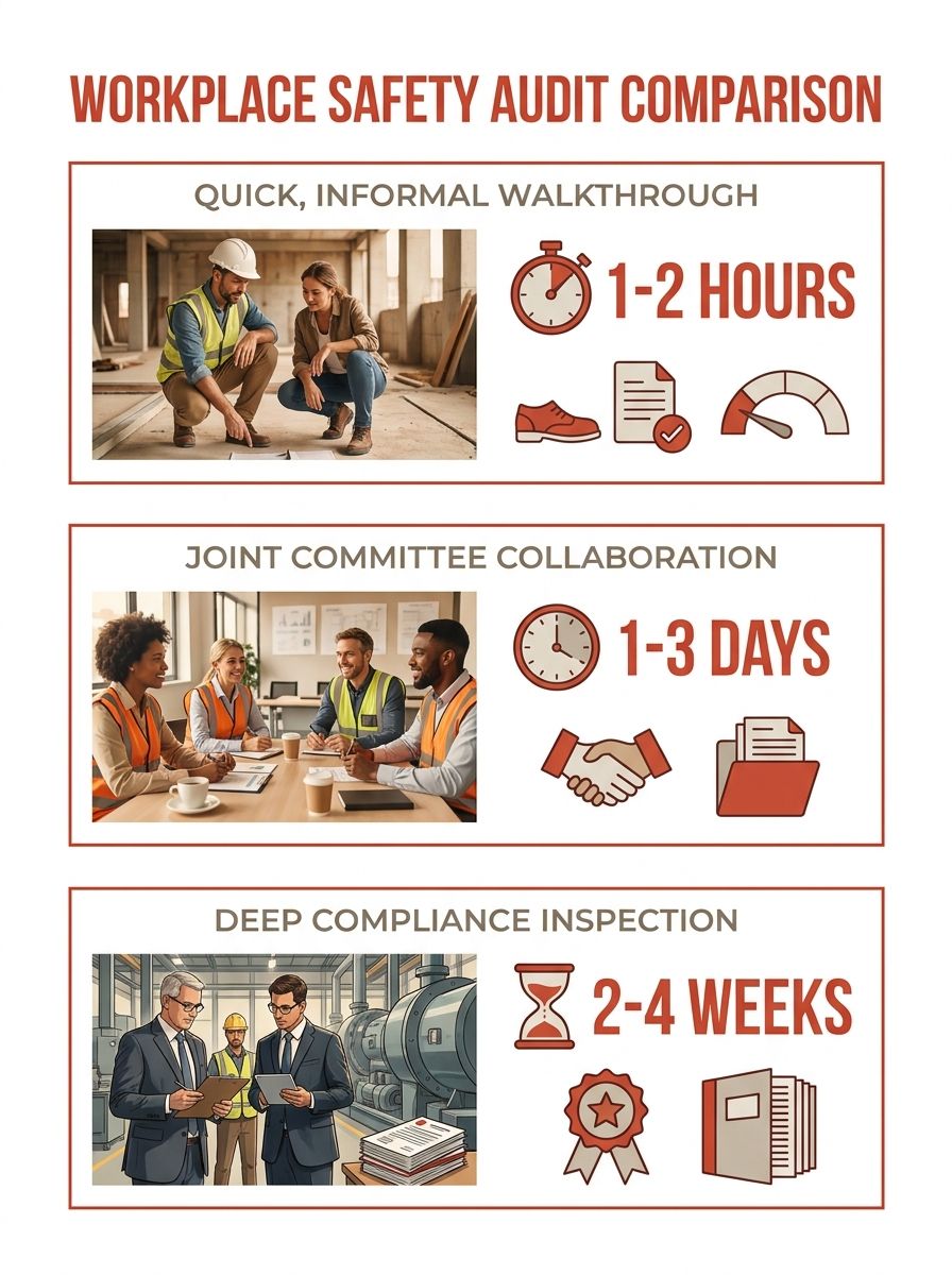 infographic comparing three types of workplace safety audits side-by-side — steward walkthrough, joint safety committee audit, and full-scale compliance audit — showing differences in time commitment,