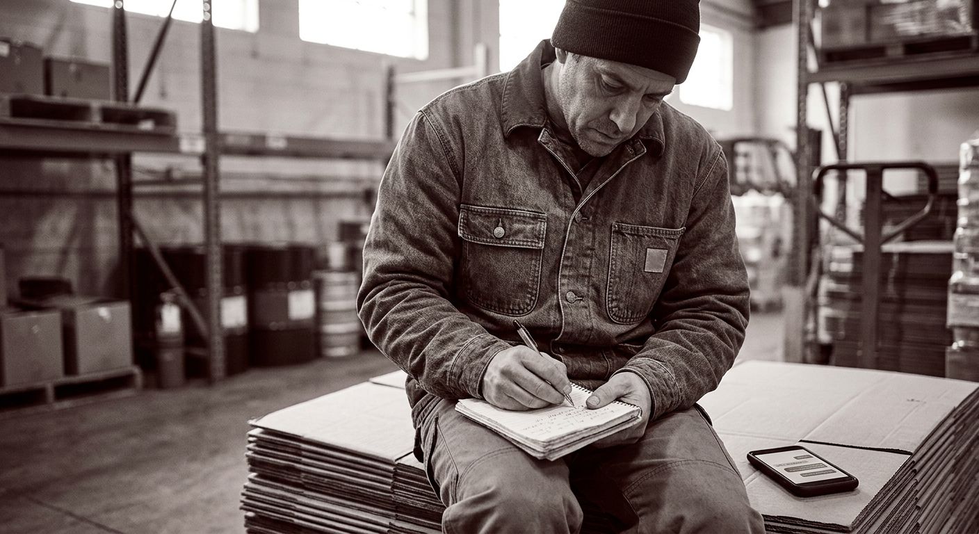 A realistic photo-style illustration of a worker writing detailed notes in a small notebook during a break in a warehouse setting, with a cell phone nearby showing a text conversation