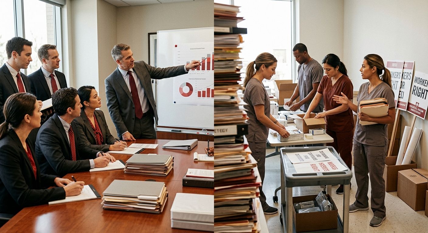 A split illustration showing a corporate boardroom on one side with lawyers advising executives while pointing at charts, and healthcare workers in scrubs organizing on the other side, separated by a
