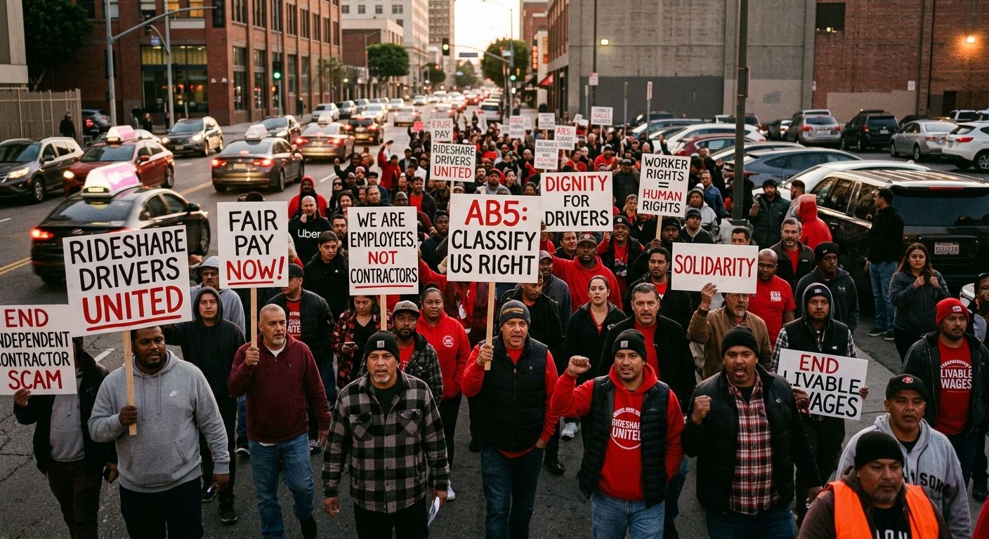 A large crowd of rideshare drivers holding union signs at a rally, with placards referencing fair pay and worker classification, set against an urban backdrop with rideshare vehicles visible in the ba