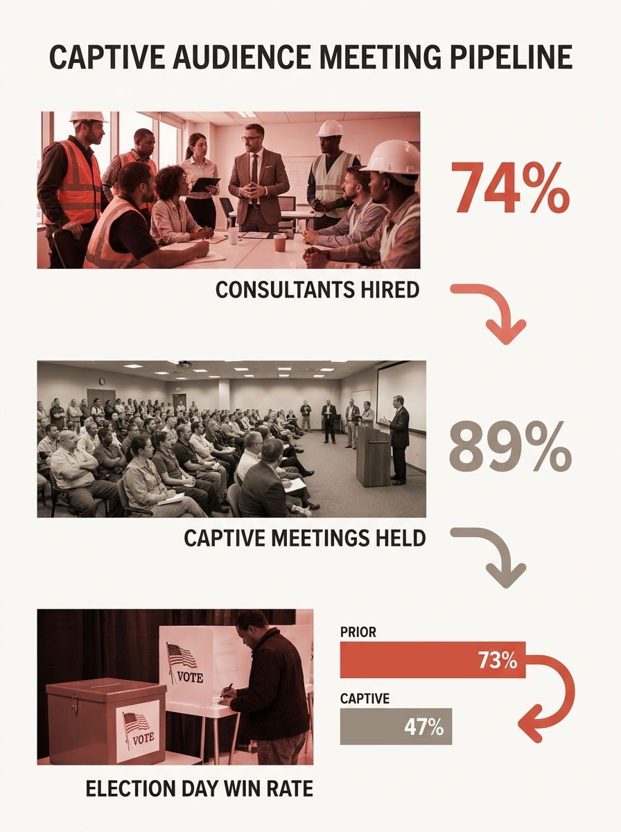 Infographic showing the captive audience meeting pipeline: consultant hired, scripts drafted, supervisors coached, mandatory meetings scheduled across shifts, one-on-one follow-ups conducted, election