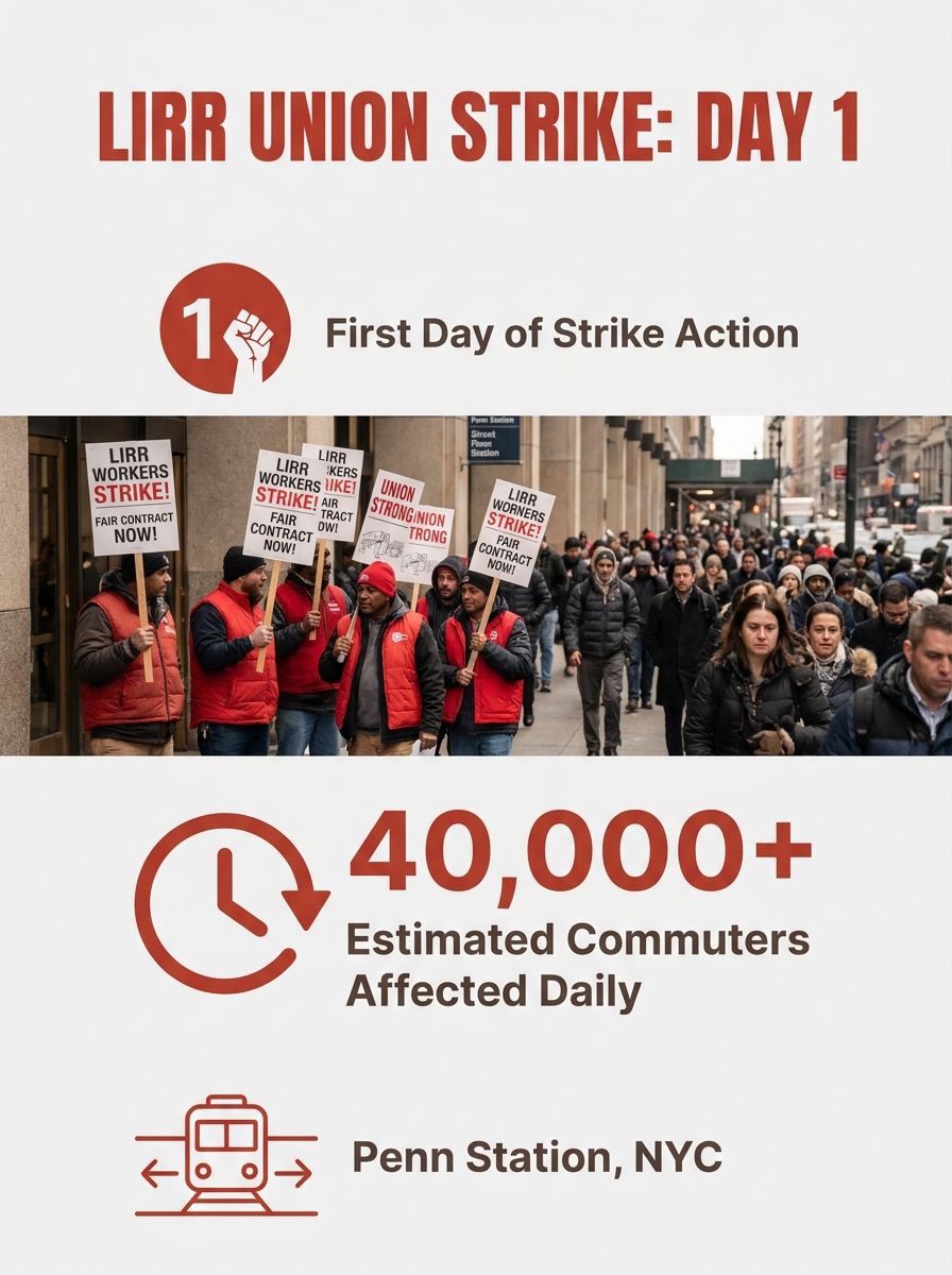 LIRR union workers holding picket signs outside Penn Station in New York during the first day of the strike, with crowds of commuters visible in the background