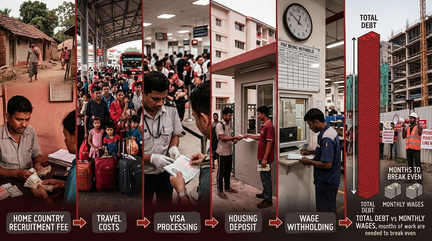 An infographic showing the migrant worker recruitment debt cycle, with stages labeled: home country recruitment fee, travel costs, visa processing, housing deposit, wage withholding, and the total deb