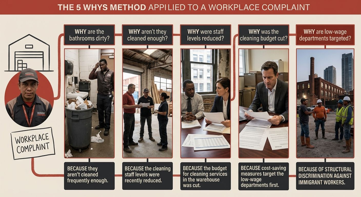 A flowchart diagram showing the 5 Whys method applied to a workplace complaint, starting with "Dirty bathrooms in the warehouse" and drilling down through five levels to reach "Structural discriminati