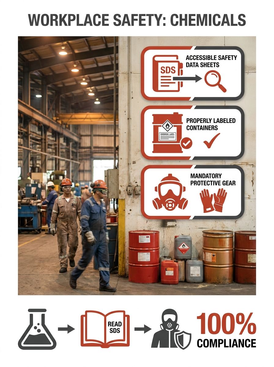 An industrial workplace scene showing safety data sheets posted on a wall alongside chemical containers, with workers in protective equipment in the background