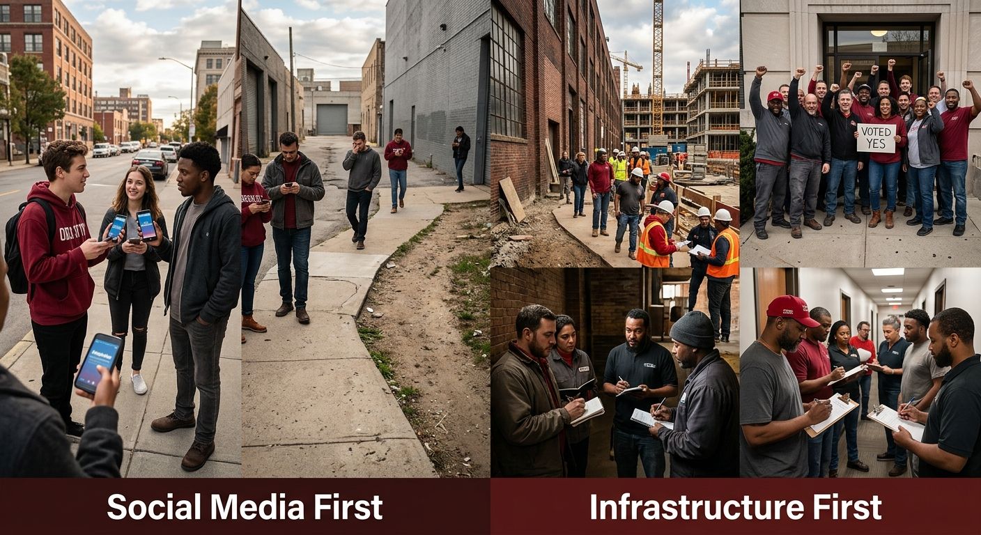 A side-by-side comparison showing two organizing campaign timelines - one starting with social media first that fizzles out, and one starting with infrastructure and relationship building that leads t