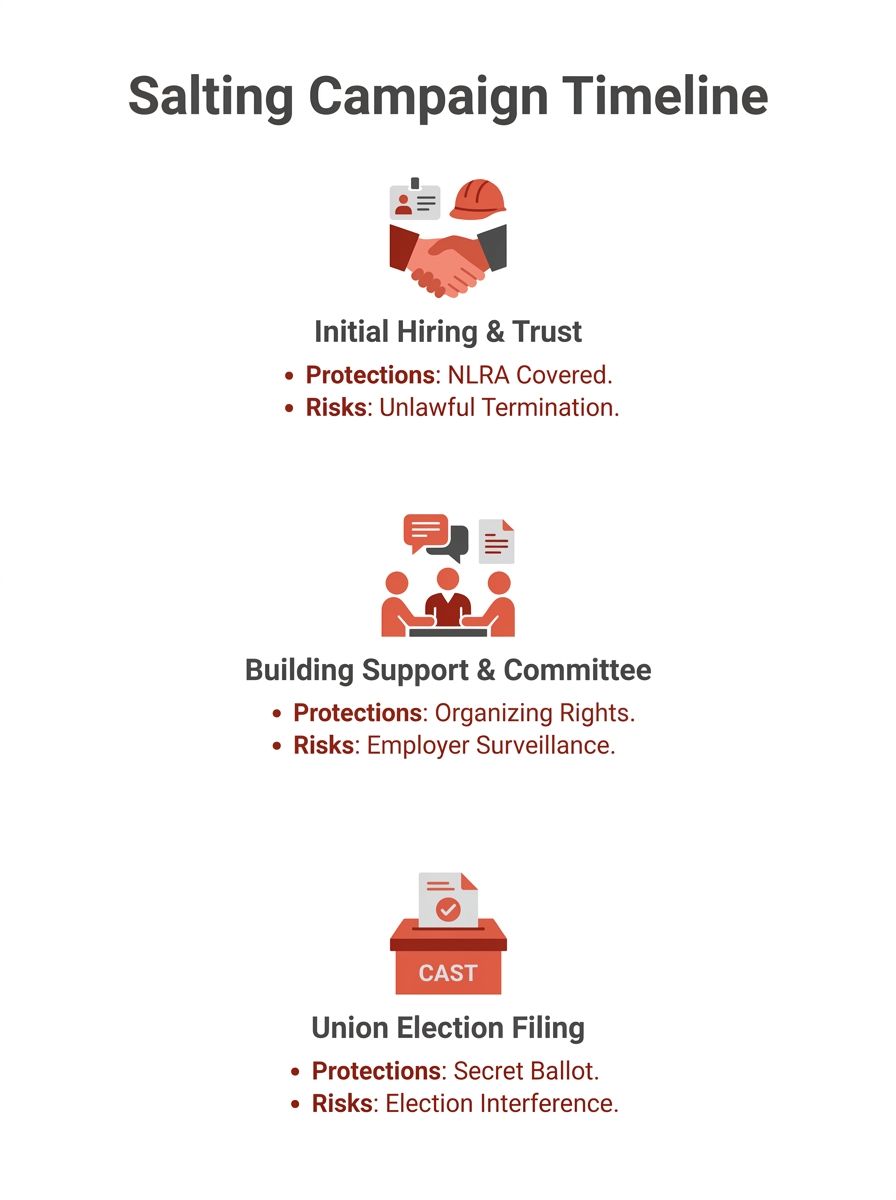 An infographic showing the timeline of a salting campaign from initial job application through hiring, trust-building, coworker conversations, committee formation, and union election filing, with key