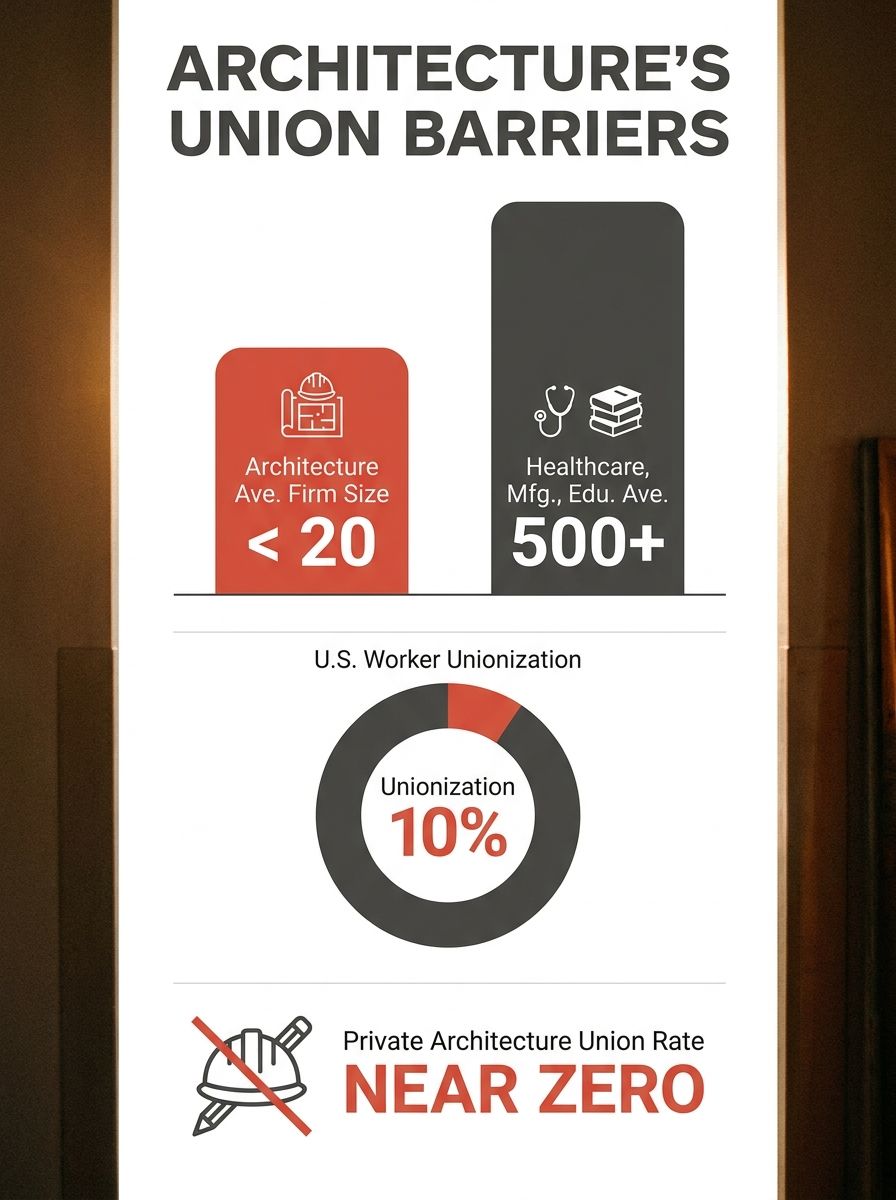 An infographic showing the structural barriers to architecture unionization — a column chart comparing average firm size in architecture (under 20 employees) vs. healthcare, manufacturing, and educati