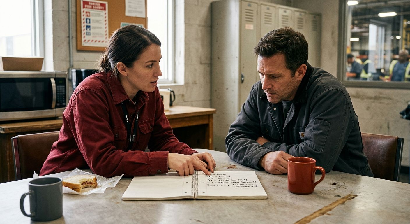A simple illustration of two coworkers having a private conversation at a break room table, with a notebook showing wage figures between them, symbolizing confidential pay discussions during organizin