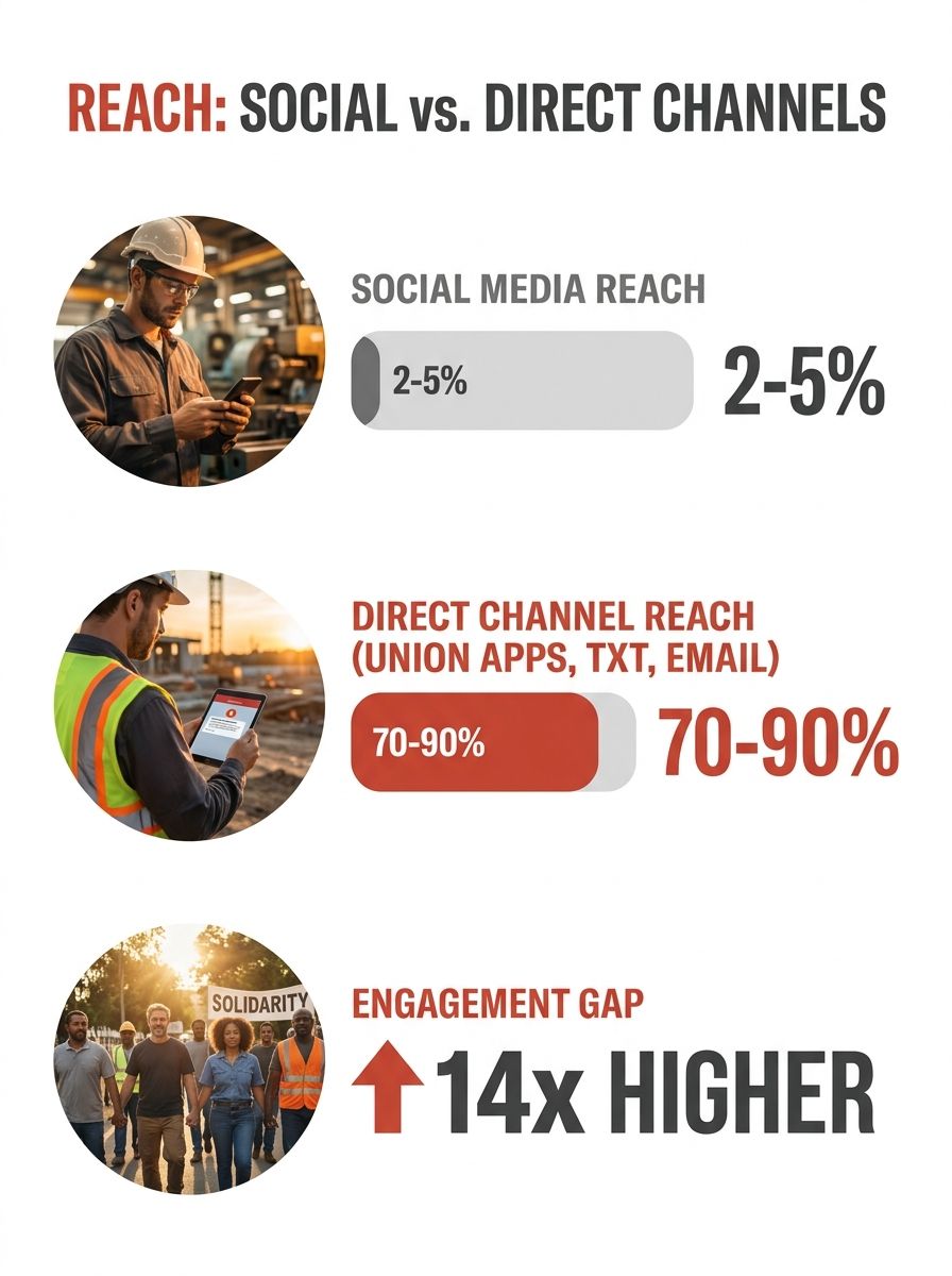 An infographic comparing organic reach rates across social media platforms versus direct communication channels like union apps, text messages, and email, with percentage bars showing the engagement g