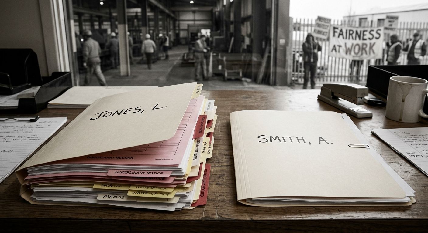 A conceptual illustration showing two employee files side by side - one thick with write-ups and disciplinary notices, the other nearly empty - both belonging to workers who committed the same workpla