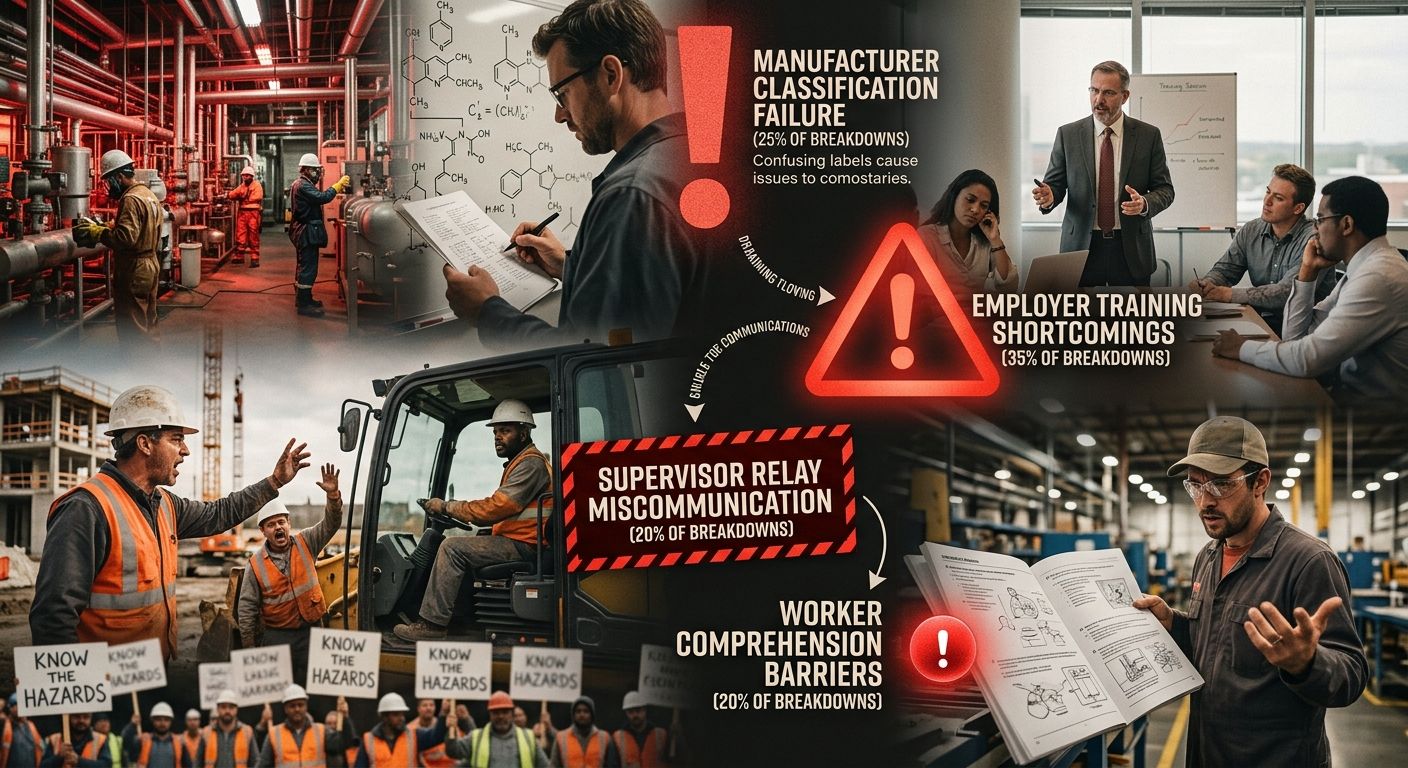 Infographic showing the communication chain from chemical manufacturer to worker, with failure points highlighted at each stage — manufacturer classification, employer training, supervisor relay, and