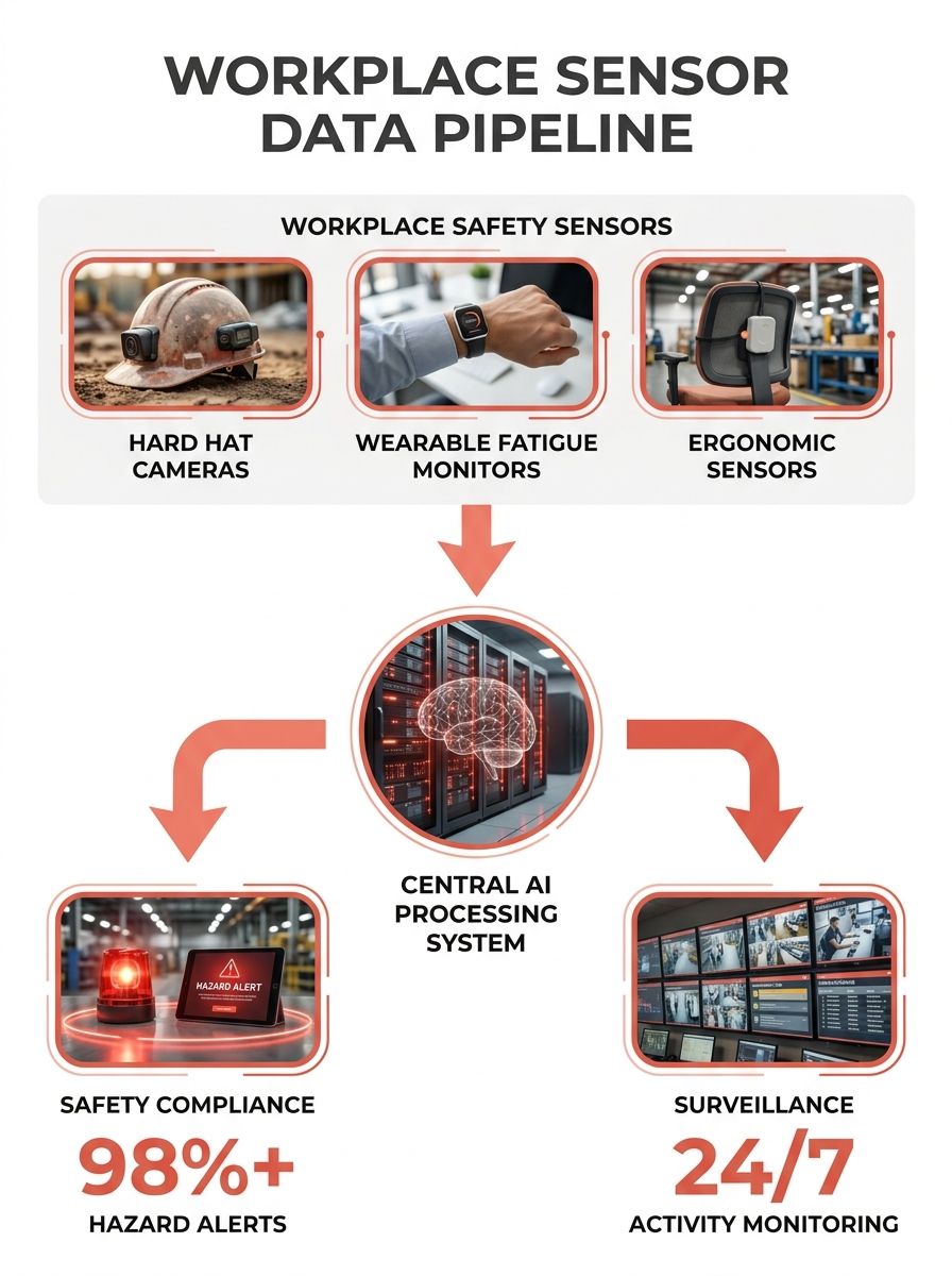 An infographic showing the data pipeline from workplace safety sensors (hard hat cameras, wearable fatigue monitors, ergonomic sensors) flowing through a central AI processing system, with two divergi