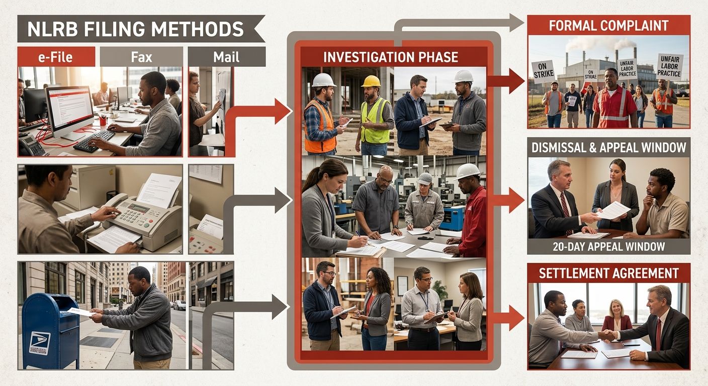 A flowchart-style infographic showing the three NLRB filing methods (e-File, fax, mail), then branching into the investigation phase, then splitting into three possible outcomes: formal complaint, dis
