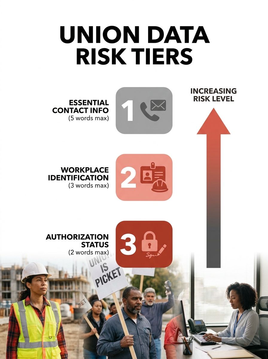 an infographic showing three tiers of union member data — essential contact info, workplace identification, and authorization status — with risk levels increasing as more sensitive data categories are