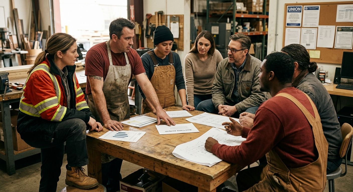 An illustration showing a diverse group of workers sitting around a table with speech bubbles converging into a shared document labeled Root Cause Analysis, while an organizer figure sits among them a