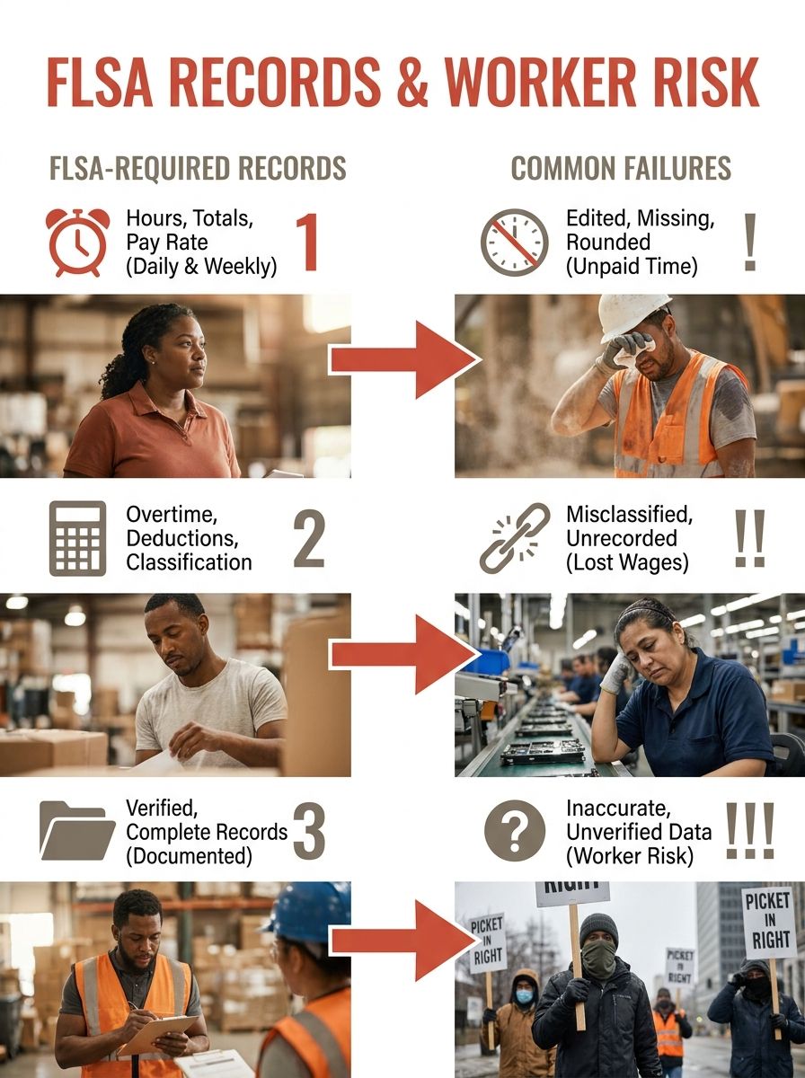 An infographic showing the FLSA-required employer records (hours per day, weekly totals, pay rate, overtime, deductions) on the left side, contrasted with common documentation failures (edited timeshe