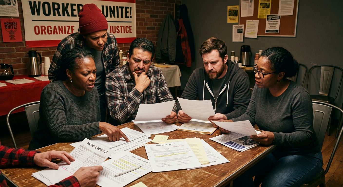 A photograph-style illustration of workers gathered around a table during an organizing meeting, reviewing printed payroll records and disciplinary documents spread across the table, with expressions