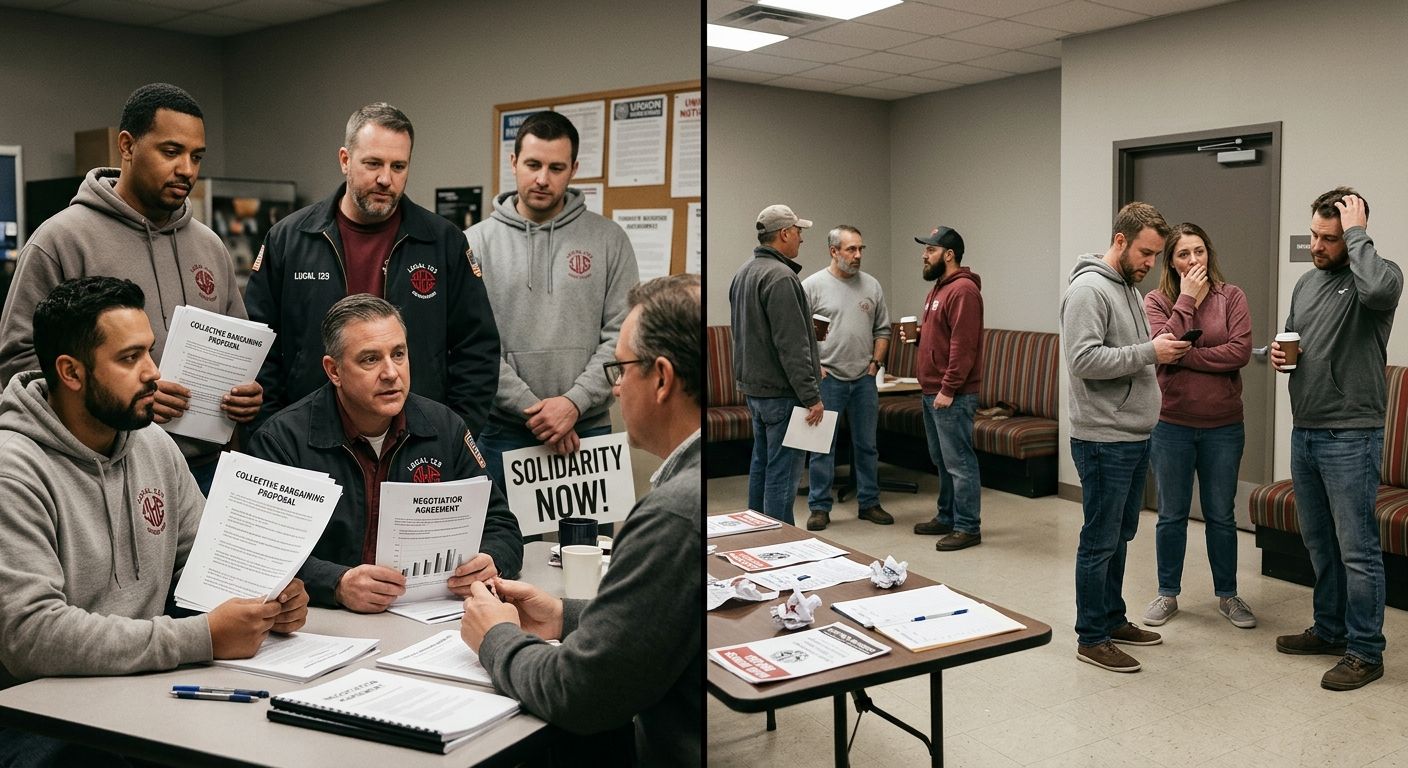 A split comparison illustration showing two sides of a bargaining table - one side with organized workers holding proposal documents and the other showing scattered, disconnected union members looking