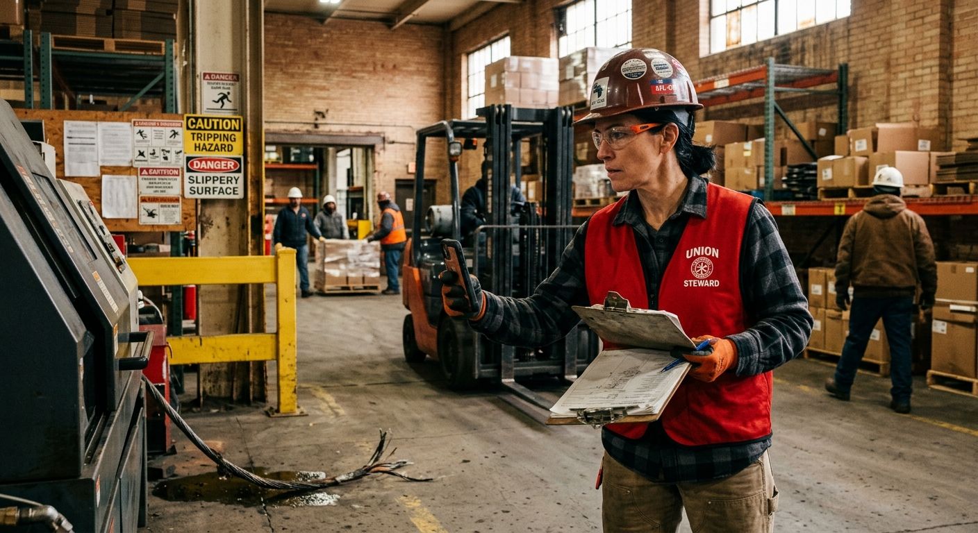 a union steward in a warehouse environment using a clipboard and phone camera to document a safety hazard, with visible PPE and caution signage in the background