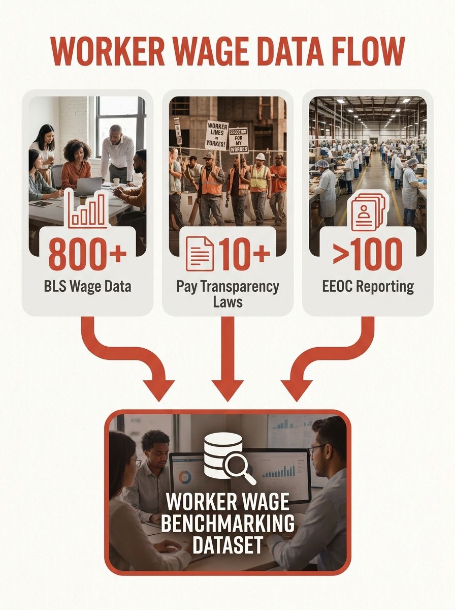 An infographic showing three columns representing BLS public wage data, state pay transparency laws, and EEOC reporting requirements, with arrows flowing from each into a central box labeled "Worker W