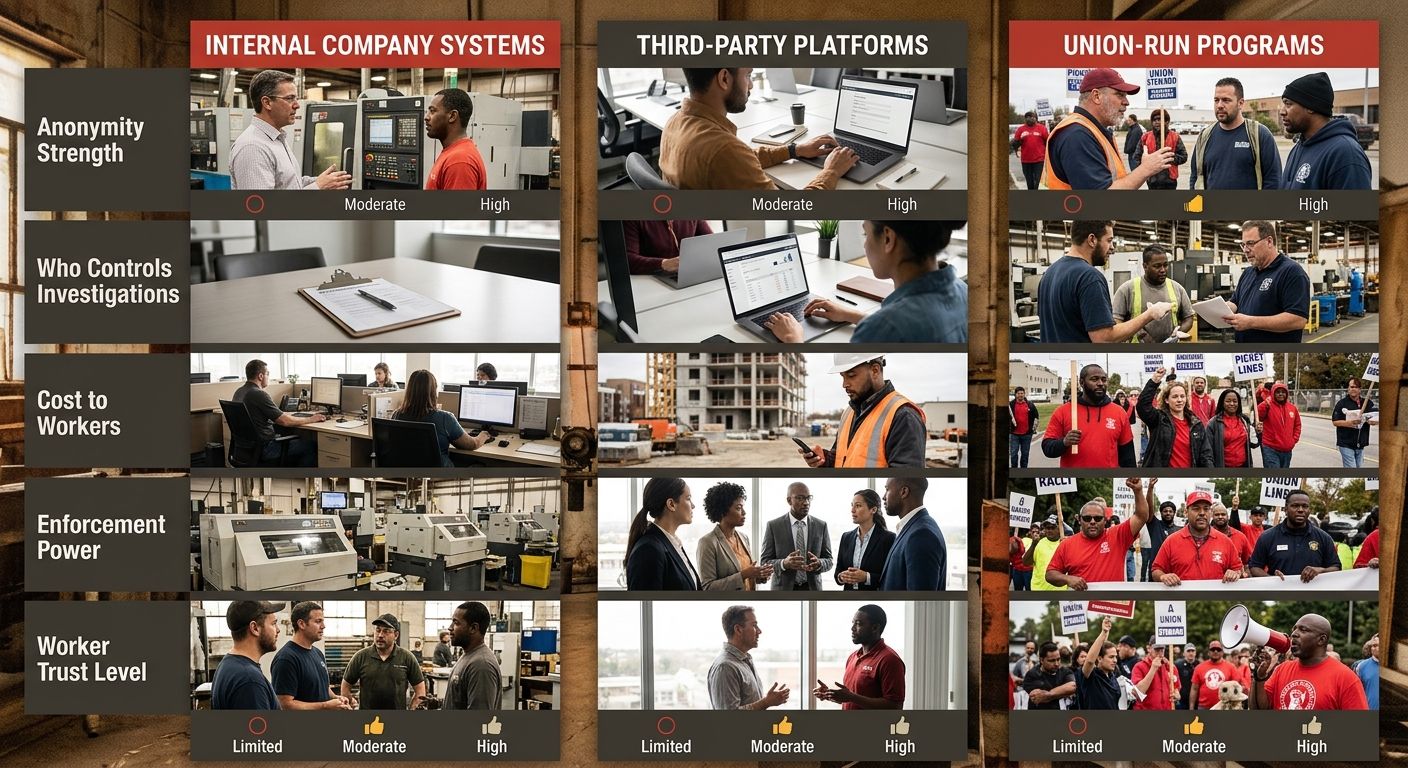 An infographic comparing three anonymous hazard reporting approaches side by side—internal company systems, third-party platforms, and union-run programs—with rows for anonymity strength, who controls