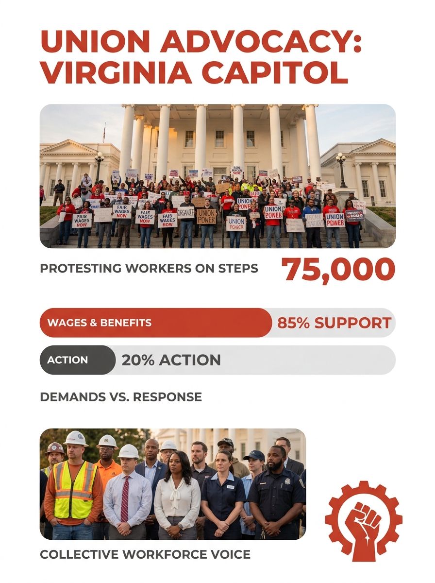 Virginia State Capitol building with protesters holding union signs on the steps